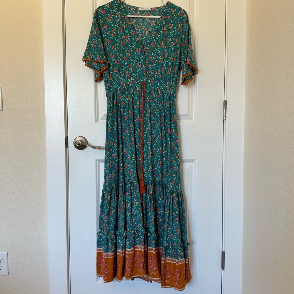 Cotton Boho Floral Maxi Dress | Tassel Tie Waist | Size Medium - Picture 2 of 12